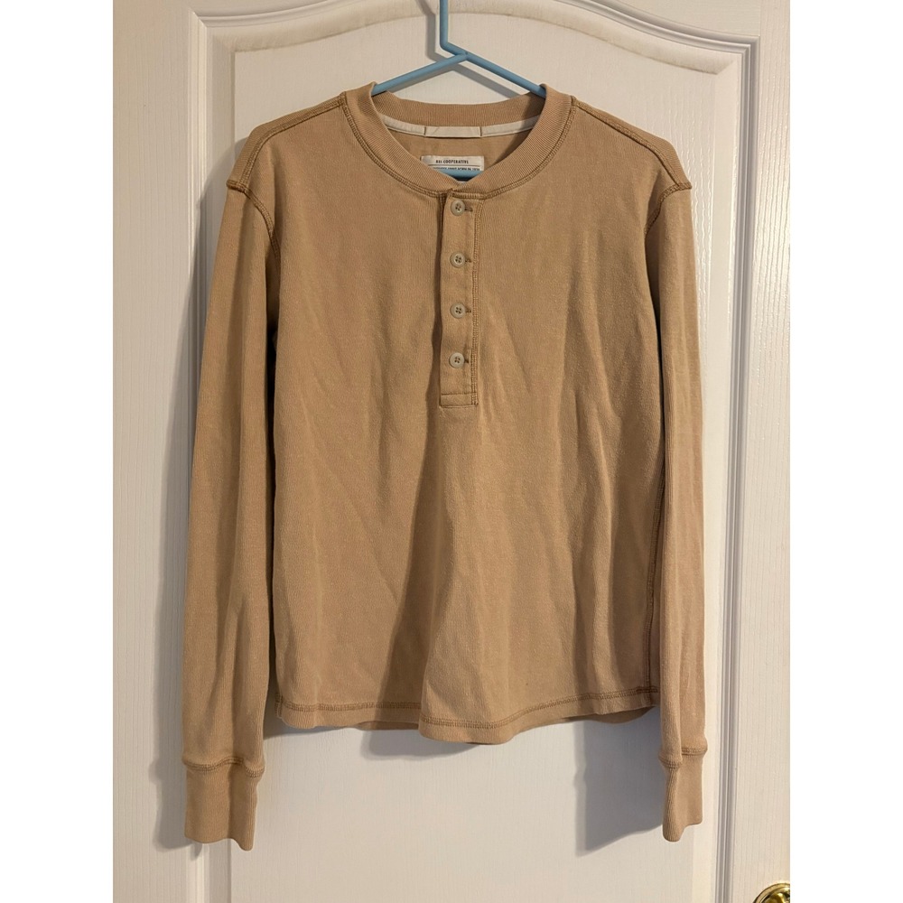 REI Co-op Mens Large Tan Organic Cotton Hemp Ribbed Henley Long Sleeve Shirt